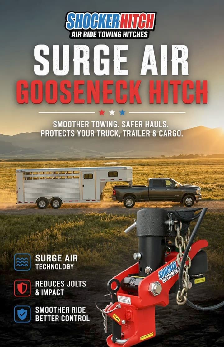 Shocker Hitch Surge Air gooseneck hitch — smoother towing, safer hauls. Protects your truck, trailer and cargo.