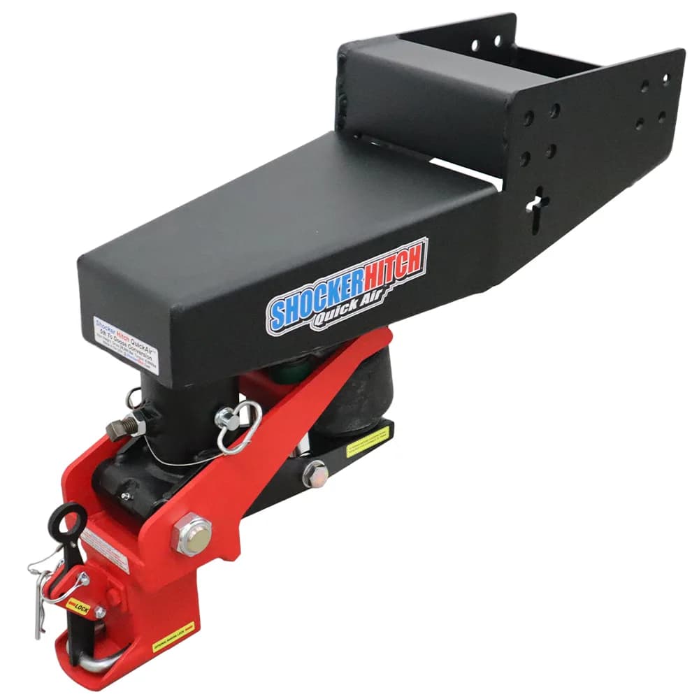 Shocker Quick Air 5th wheel to gooseneck conversion kit with Shift Lock coupler on a Lippert Turning Point pin box, shown without safety chains