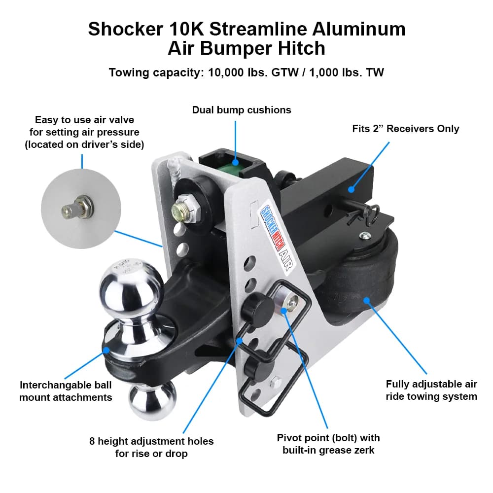 Shocker 10K Aluminum Air Hitch & Chrome Combo Ball Mount