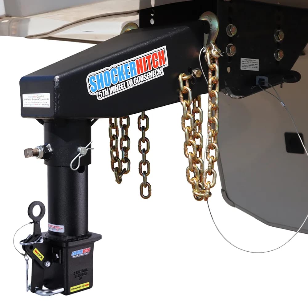 Shocker Quick Air 5th wheel to gooseneck conversion kit with Shift Lock coupler, red, with safety chain kit