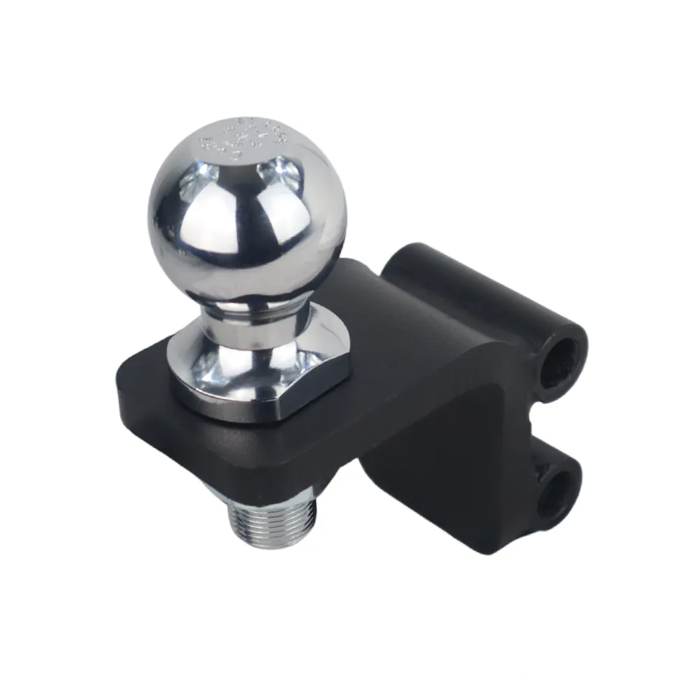 2 inch chrome trailer hitch ball with 1 inch diameter shank, mounted on Shocker mini ball mount in raised position
